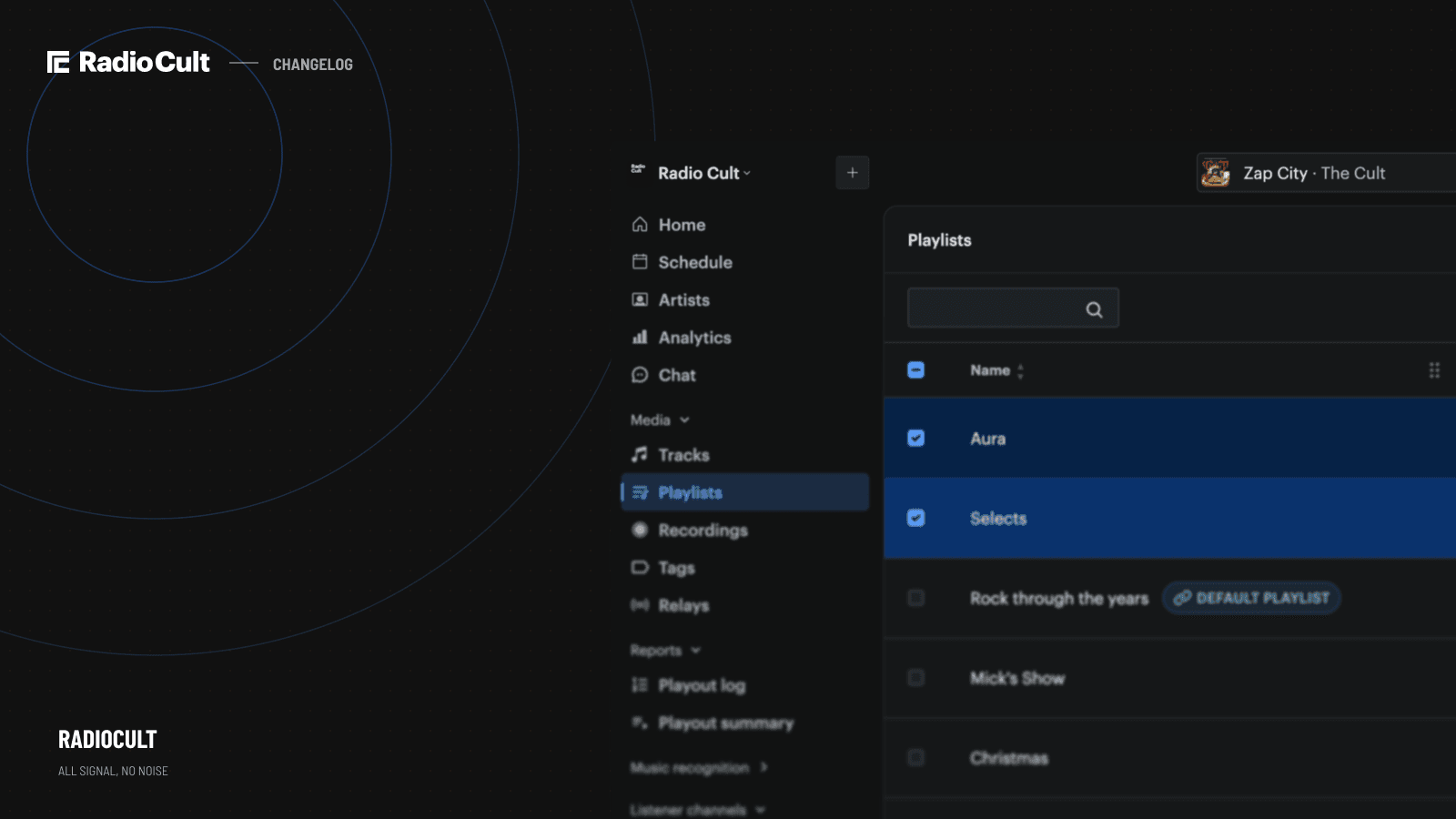 The redesigned RadioCult dashboard with side navigation and a persistent player