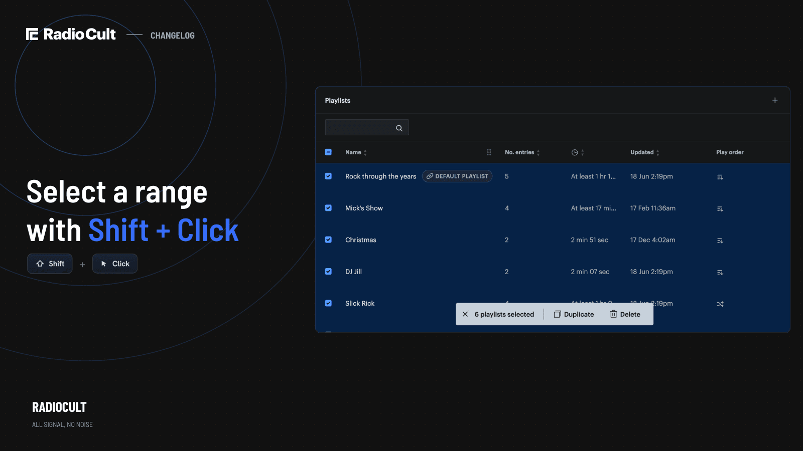 A playlists table with a range of rows selected via shift + click and a bulk actions bar