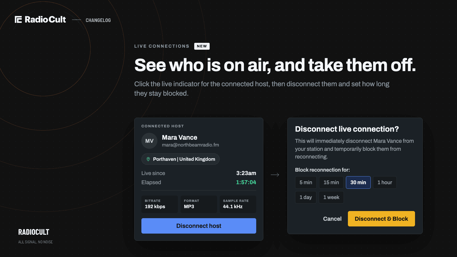 The connected host card for Mara Vance with a Disconnect host button, next to the "Disconnect live connection?" dialog with 30 minutes selected as the block duration
