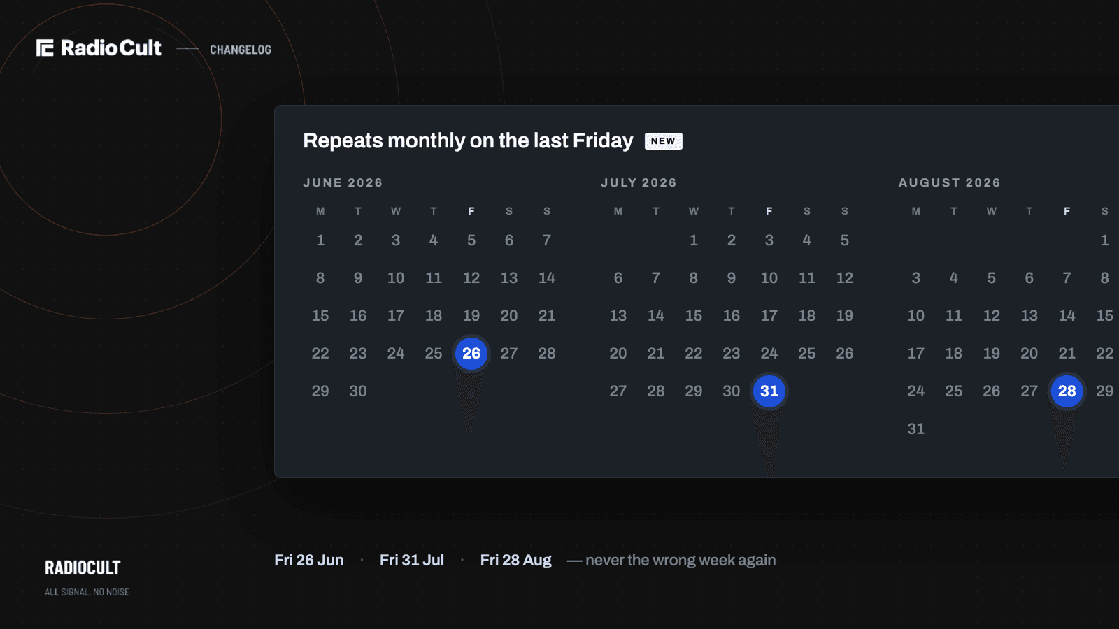 A repeat rule reading "Repeats monthly on the last Friday" above calendars for June, July and August 2026, with the last Friday of each month highlighted: 26 June, 31 July and 28 August