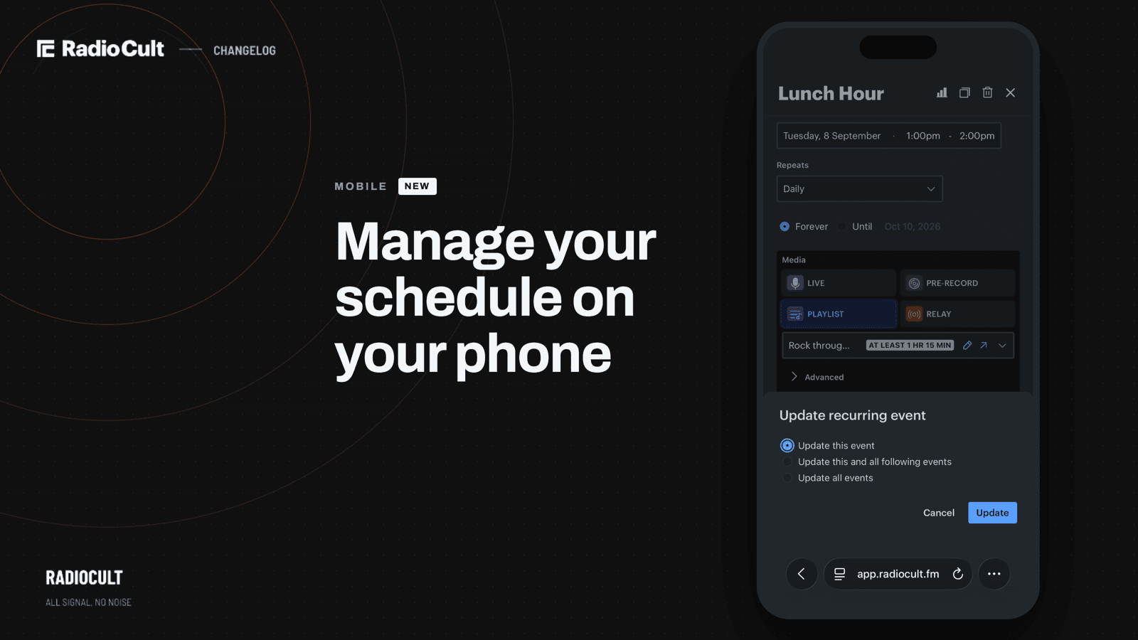 The RadioCult event details popup on a phone, with the update recurring event sheet open