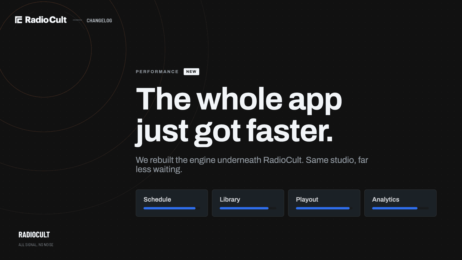 A graphic reading "The whole app just got faster" above loading bars labelled Schedule, Library, Playout and Analytics