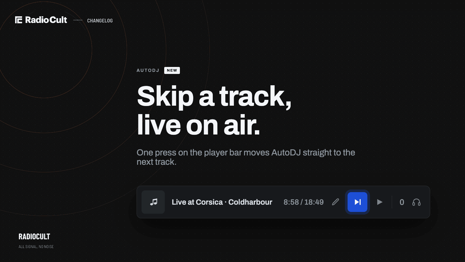 The player bar playing "Live at Corsica" by Coldharbour, with the skip to next track button highlighted