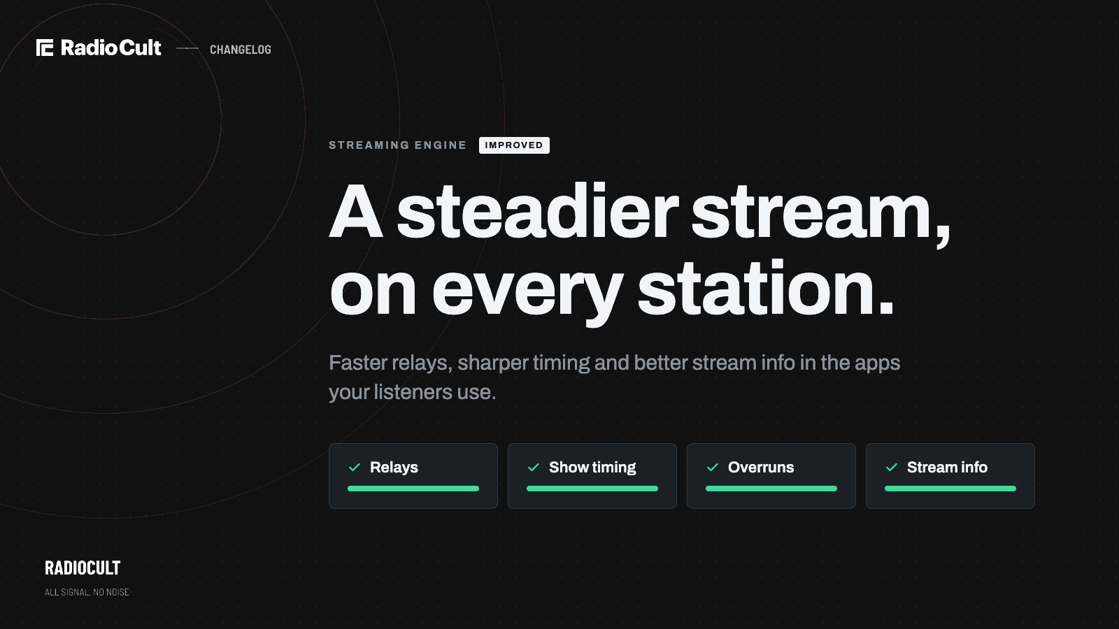 A graphic reading "A steadier stream, on every station." above four cards with green checks labelled Relays, Show timing, Overruns and Stream info