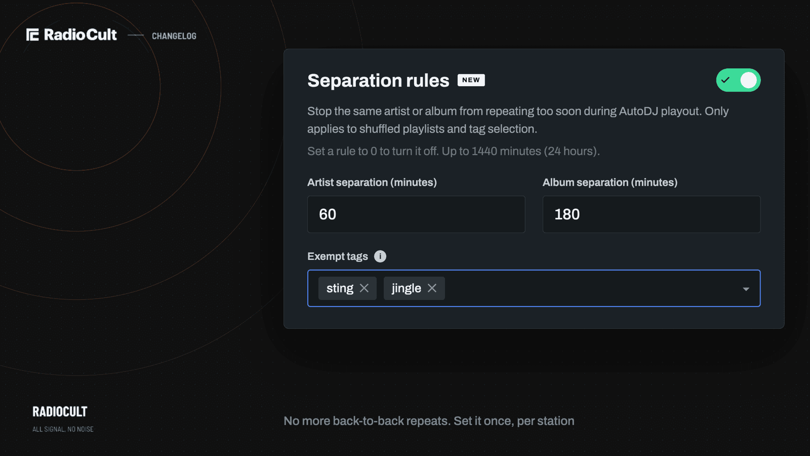 A settings card titled "Separation rules" toggled on, with artist separation set to 60 minutes, album separation set to 180 minutes, and sting and jingle selected as exempt tags