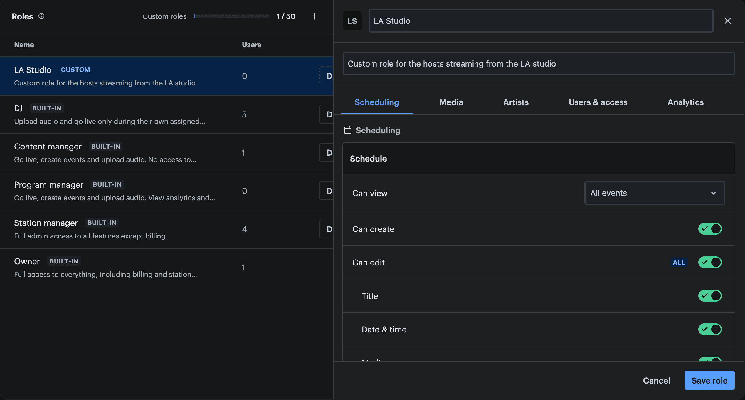 The RadioCult custom role editor, with permissions grouped into tabs for Scheduling, Media, Artists, Users and access, and Analytics, each toggled on or off