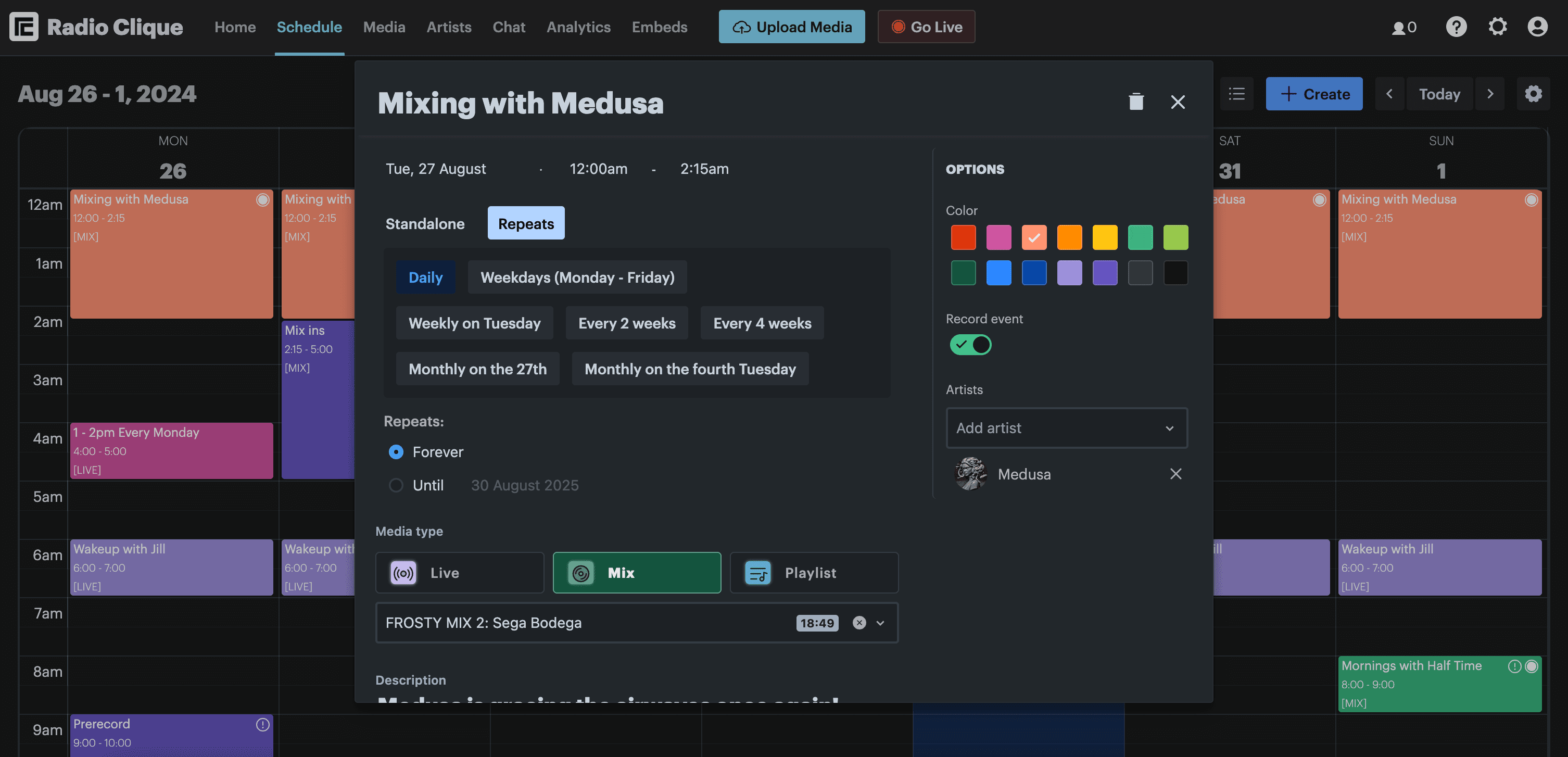 Setting an event to record in Radio Cult