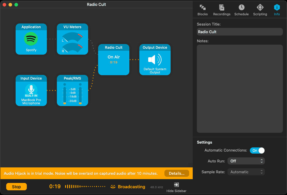 An Audio Hijack broadcast session on air