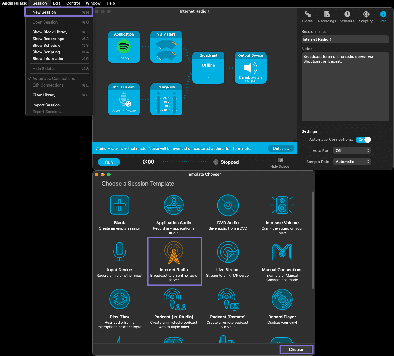 Choosing the Internet Radio session template in Audio Hijack