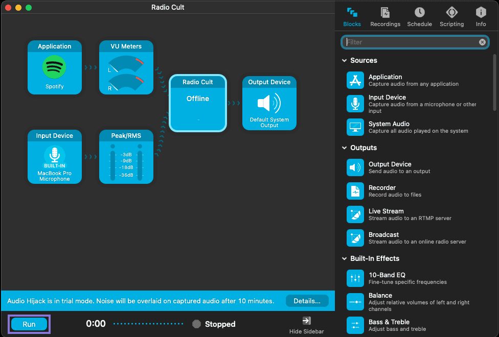 Going live by clicking Run in Audio Hijack