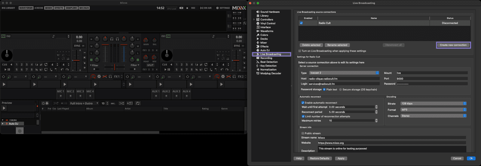 Mixxx Live Broadcasting settings, with Create new connection highlighted