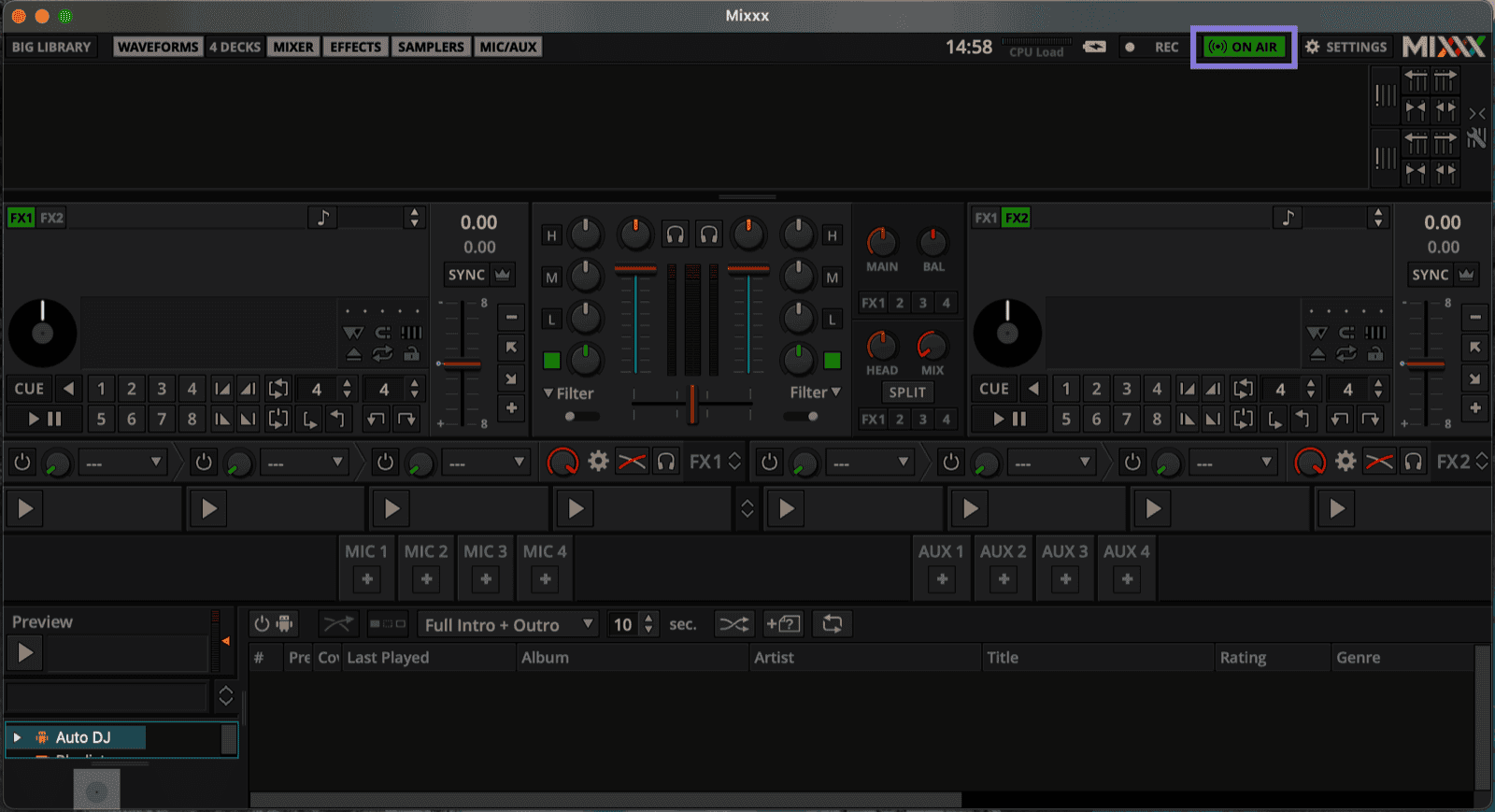 Going live with the On Air button in Mixxx