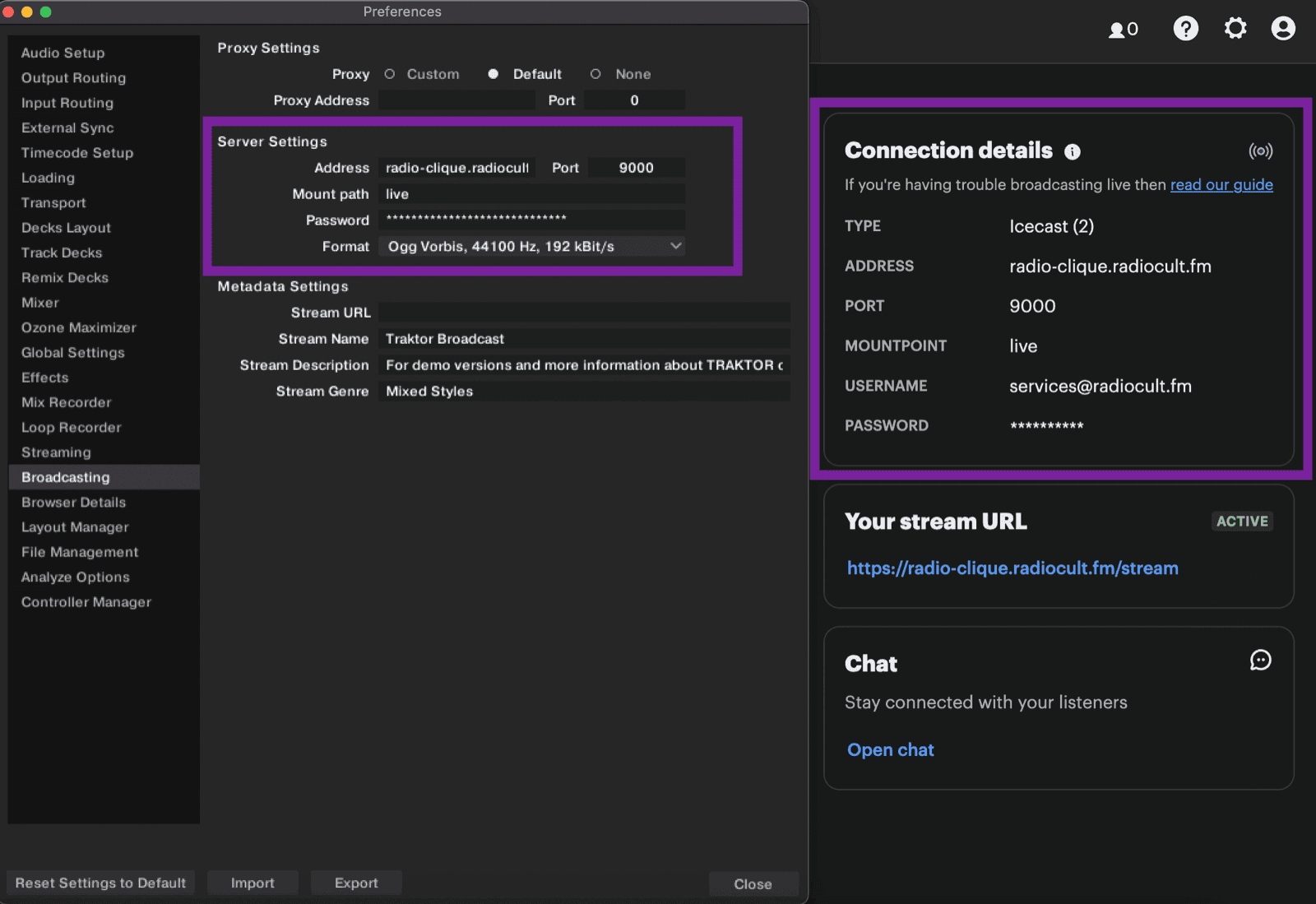 Entering your RadioCult details in Traktor's Broadcasting settings