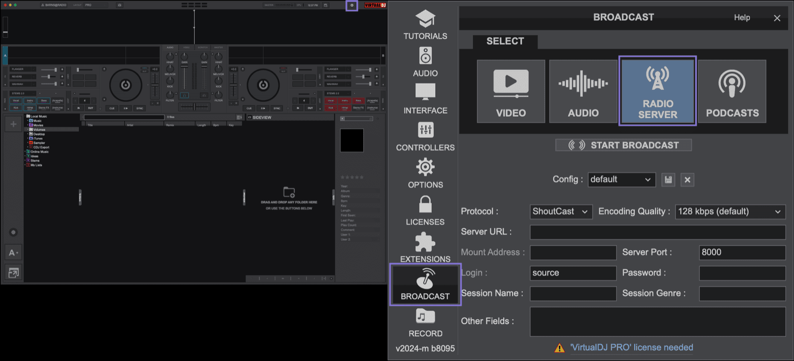 VirtualDJ Broadcast settings, with Radio Server selected