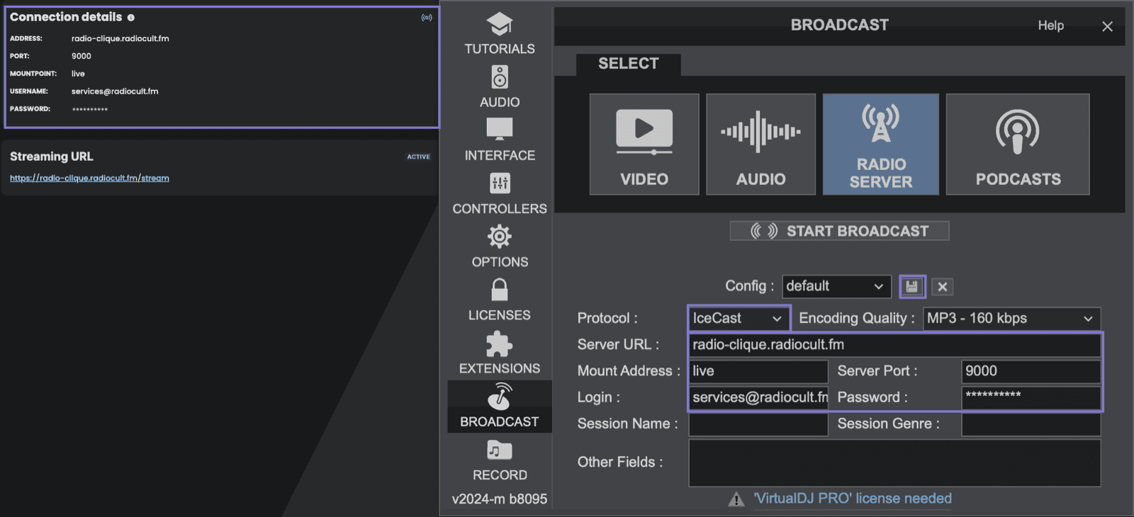 Entering your RadioCult connection details into VirtualDJ