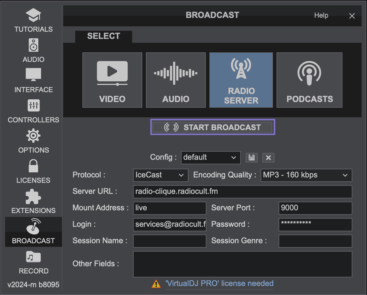 Starting a broadcast in VirtualDJ